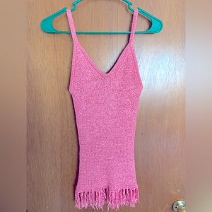 Bright pink textured tank top with fringe